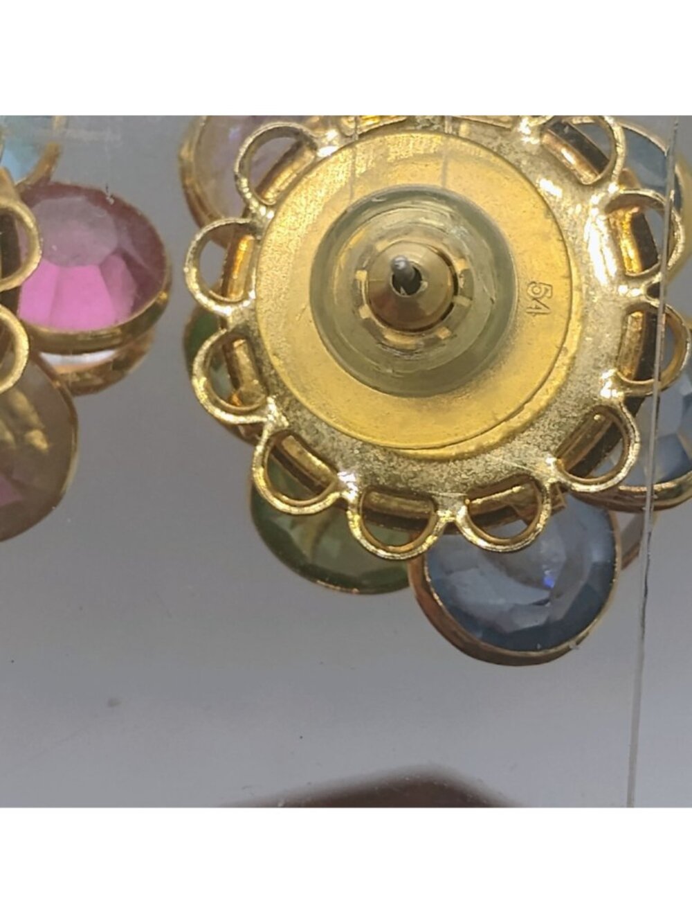 Vtg Bezel Set Crystal Cluster Earrings Gold Tone Pierced Pastel Colors - Picture 6 of 9